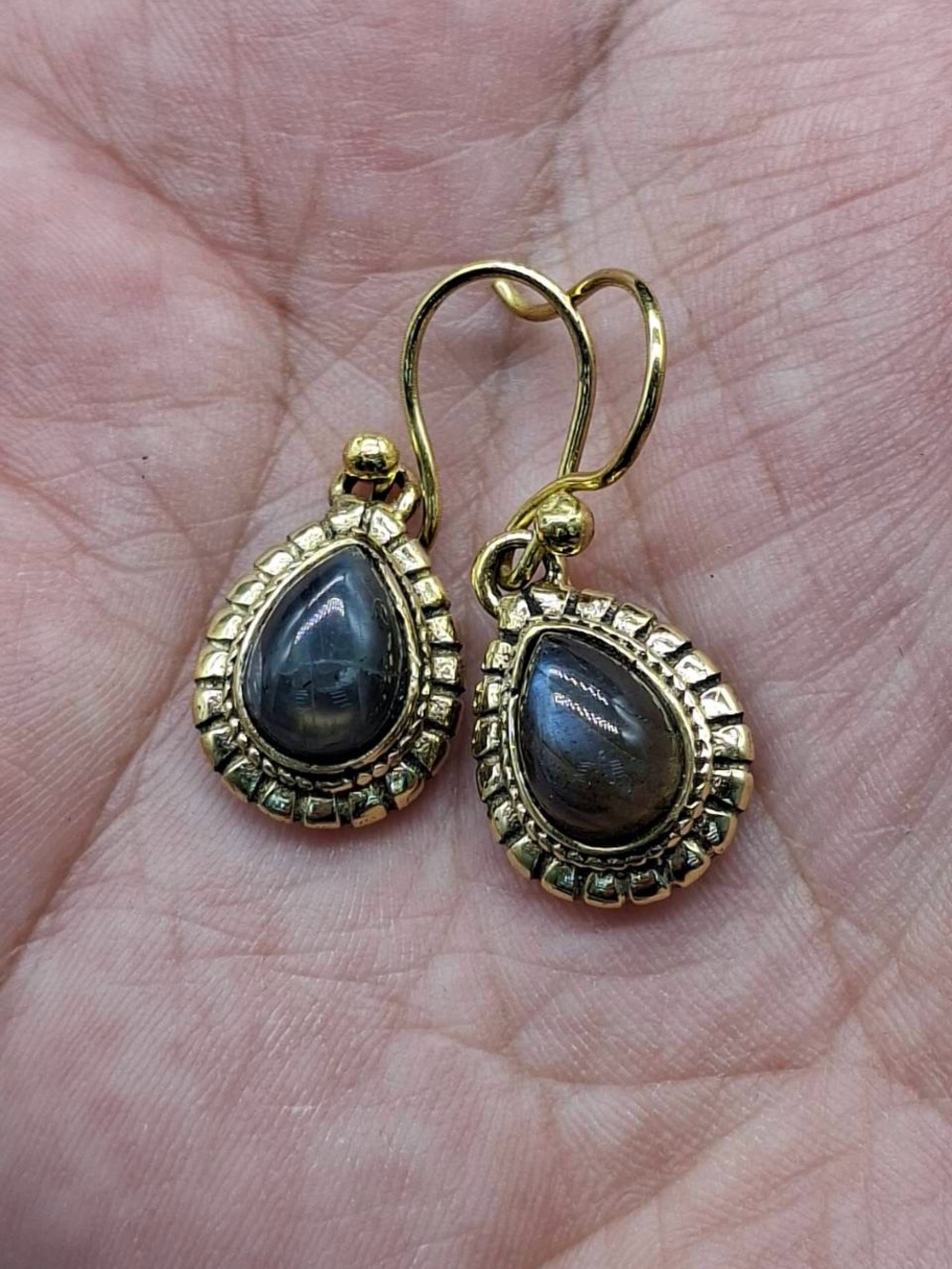 Gold Tone  Teardrop Earrings with Gray Cabochon Accent